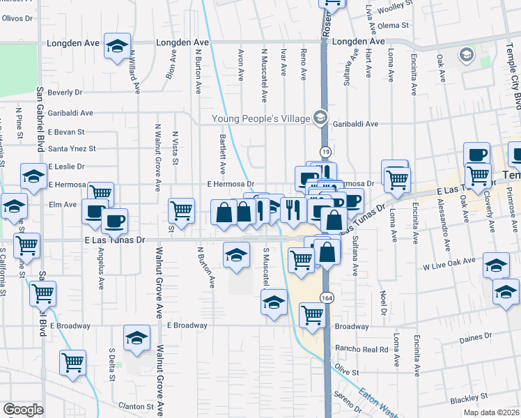 map of restaurants, bars, coffee shops, grocery stores, and more near in Temple City