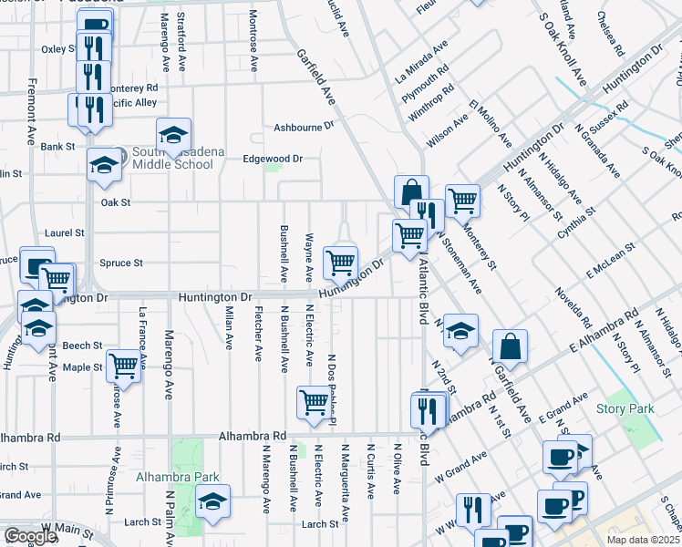 map of restaurants, bars, coffee shops, grocery stores, and more near 1806 Camden Avenue in South Pasadena