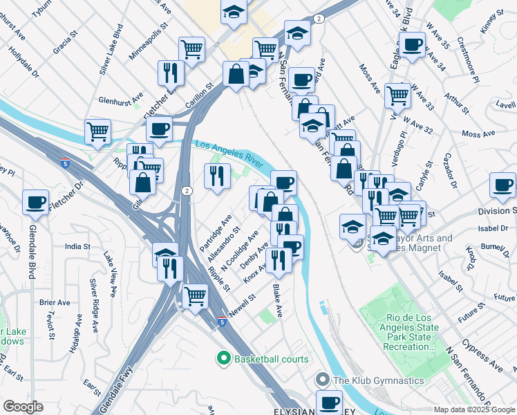 map of restaurants, bars, coffee shops, grocery stores, and more near 2957 Allesandro Street in Los Angeles