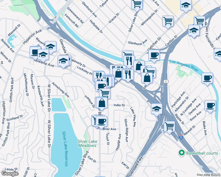 map of restaurants, bars, coffee shops, grocery stores, and more near 2466 Riverside Drive in Los Angeles