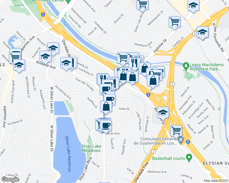 map of restaurants, bars, coffee shops, grocery stores, and more near 2601 Locksley Place in Los Angeles