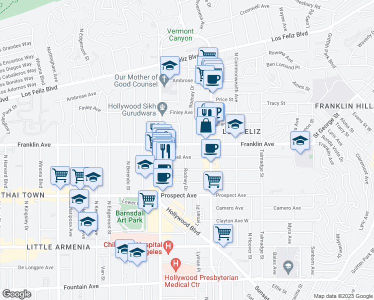 map of restaurants, bars, coffee shops, grocery stores, and more near 1900 Dracena Drive in Los Angeles
