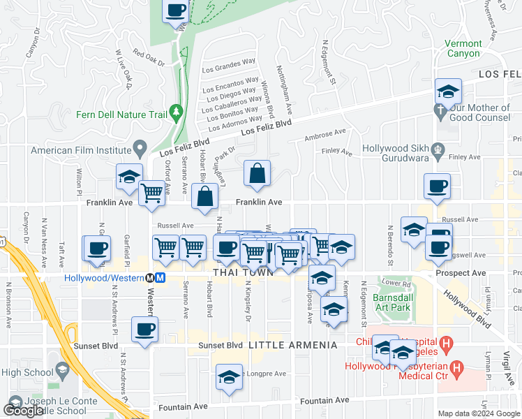 map of restaurants, bars, coffee shops, grocery stores, and more near in Los Angeles