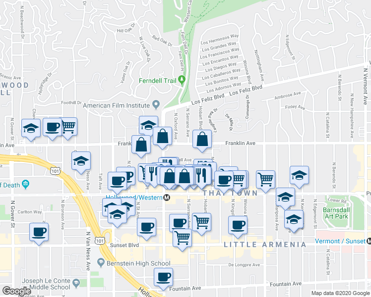 map of restaurants, bars, coffee shops, grocery stores, and more near 1900 North Oxford Avenue in Los Angeles