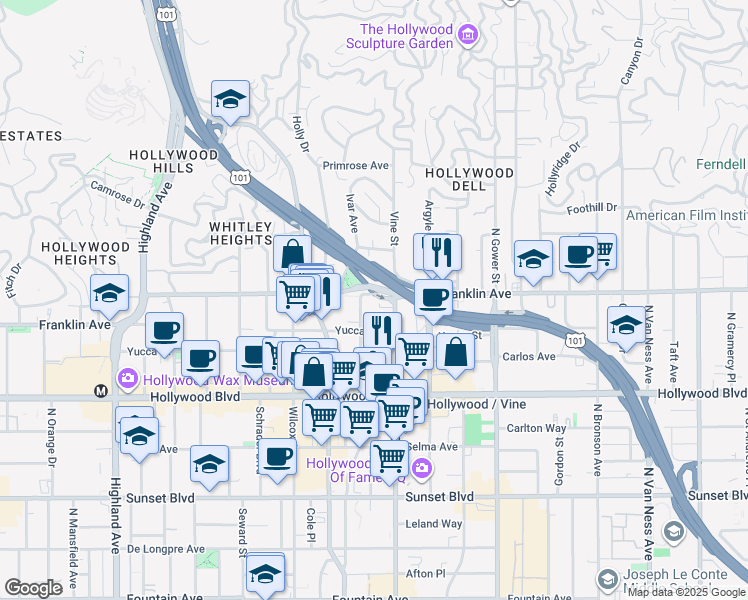 map of restaurants, bars, coffee shops, grocery stores, and more near 6326 Franklin Avenue in Los Angeles