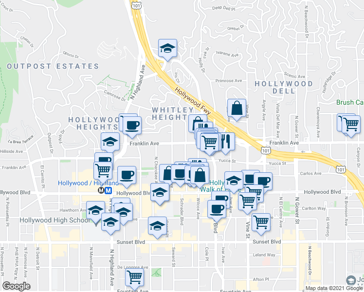 map of restaurants, bars, coffee shops, grocery stores, and more near 1900 Grace Avenue in Los Angeles