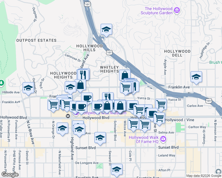 map of restaurants, bars, coffee shops, grocery stores, and more near in Los Angeles