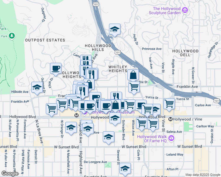 map of restaurants, bars, coffee shops, grocery stores, and more near 6651 Franklin Avenue in Los Angeles