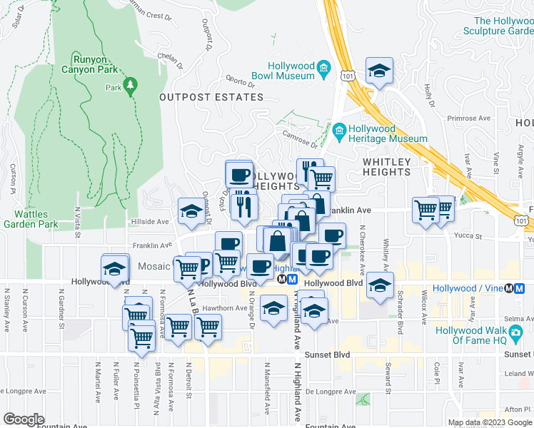map of restaurants, bars, coffee shops, grocery stores, and more near 1930 North Sycamore Avenue in Los Angeles