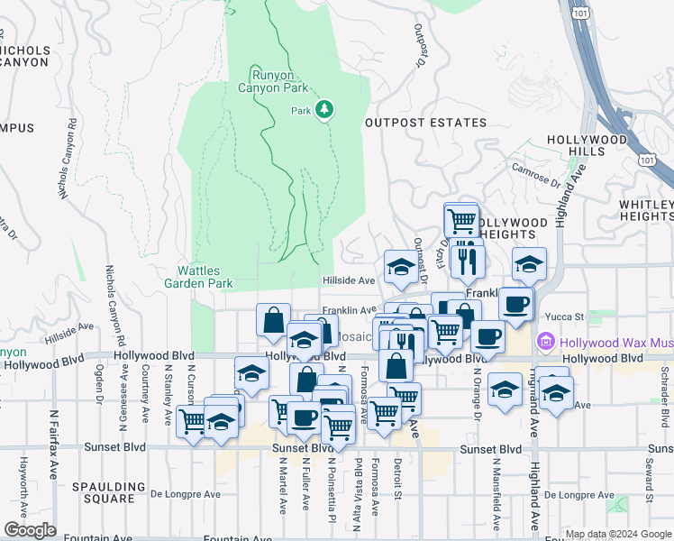 map of restaurants, bars, coffee shops, grocery stores, and more near 2000 North Fuller Avenue in Los Angeles