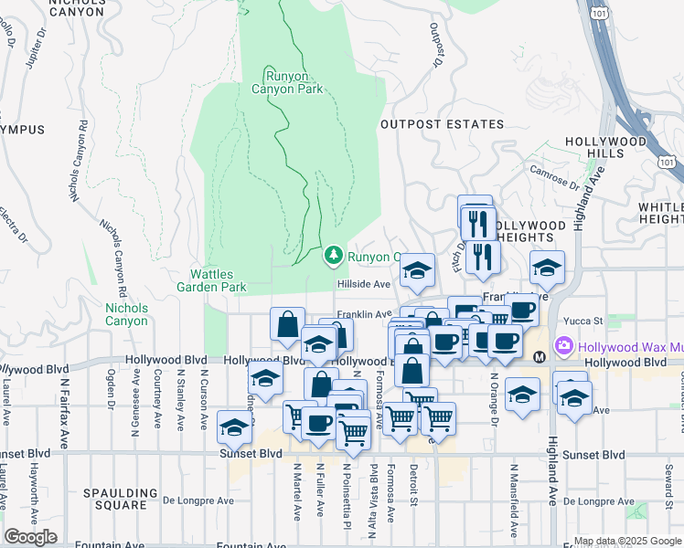 map of restaurants, bars, coffee shops, grocery stores, and more near 2000 North Fuller Avenue in Los Angeles