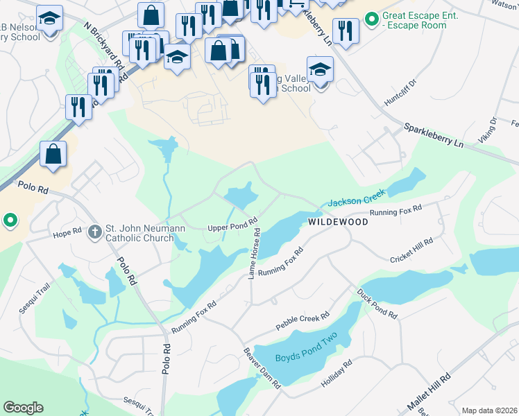 map of restaurants, bars, coffee shops, grocery stores, and more near 55 Upper Pond Road in Columbia