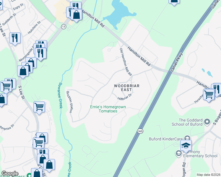 map of restaurants, bars, coffee shops, grocery stores, and more near 2226 Woodbriar Drive in Buford