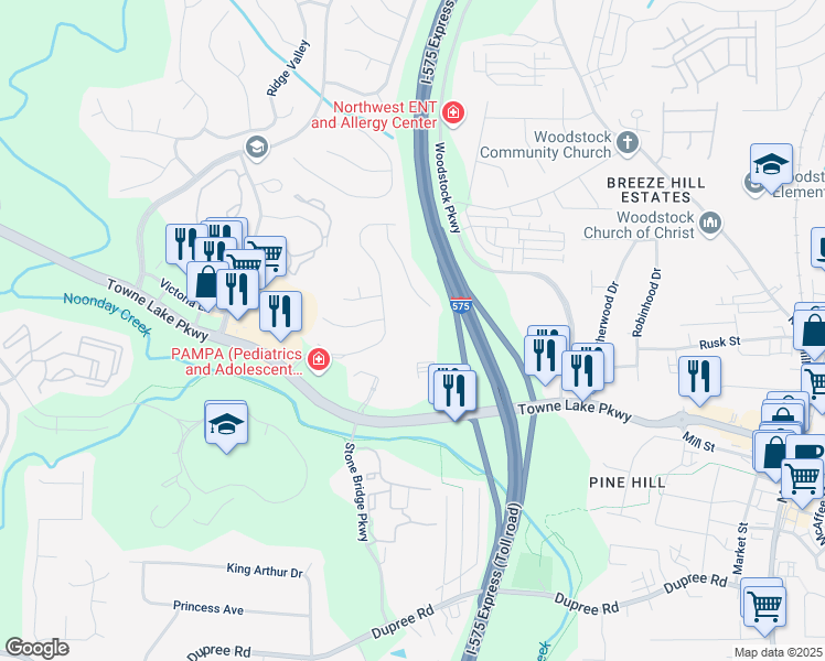map of restaurants, bars, coffee shops, grocery stores, and more near 140 Stoneforest Drive in Woodstock