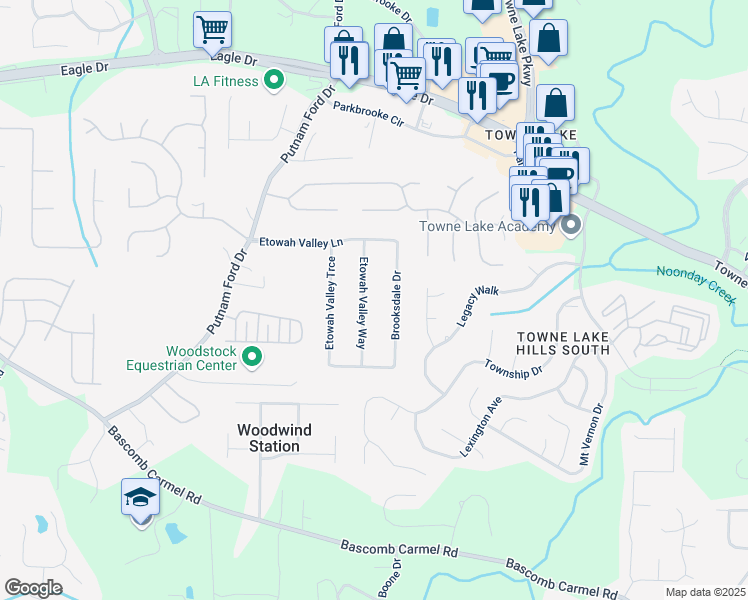 map of restaurants, bars, coffee shops, grocery stores, and more near 419 Etowah Valley Way in Woodstock