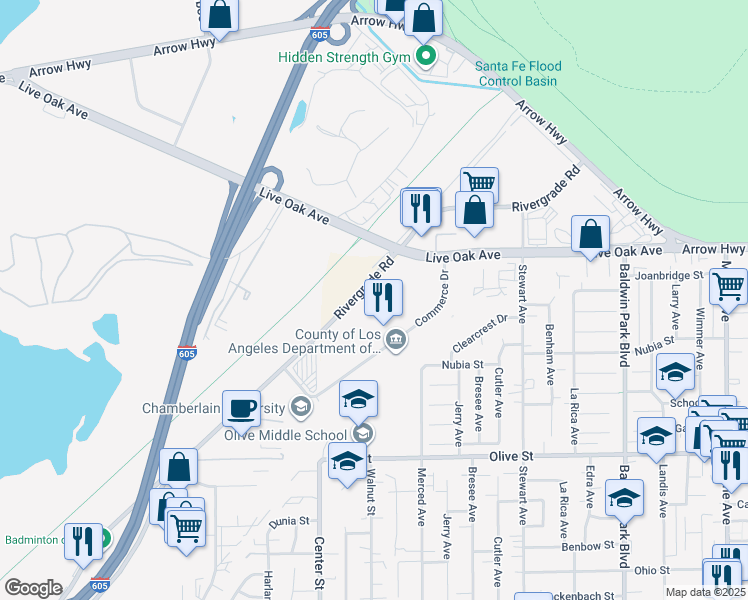 map of restaurants, bars, coffee shops, grocery stores, and more near 5100 Rivergrade Road in Baldwin Park