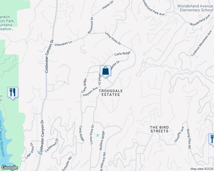 map of restaurants, bars, coffee shops, grocery stores, and more near 1625 Loma Vista Drive in Beverly Hills