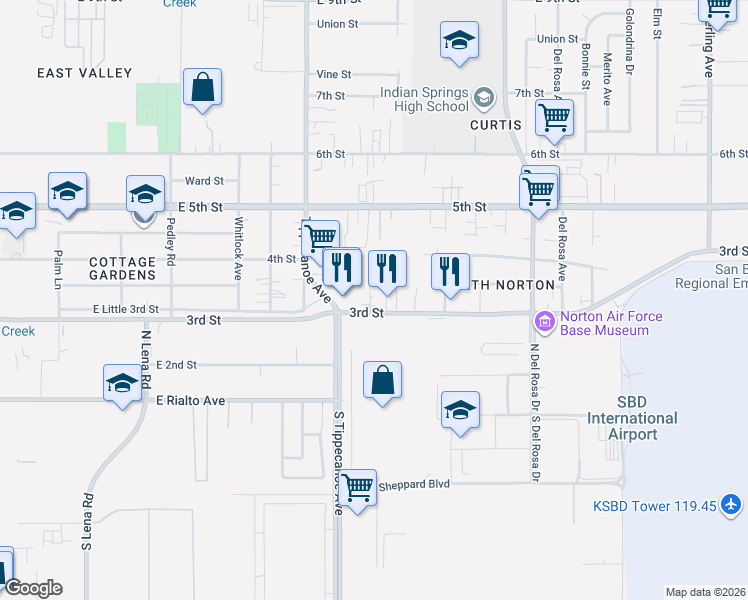 map of restaurants, bars, coffee shops, grocery stores, and more near 25046 3rd Street in San Bernardino