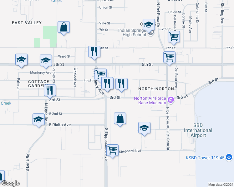 map of restaurants, bars, coffee shops, grocery stores, and more near 25046 3rd Street in San Bernardino