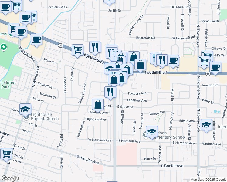 map of restaurants, bars, coffee shops, grocery stores, and more near 3106 North Garey Avenue in Pomona