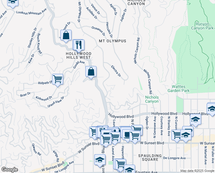 map of restaurants, bars, coffee shops, grocery stores, and more near 8030 Highland Trail in Los Angeles