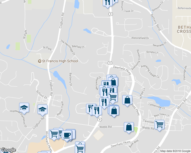 map of restaurants, bars, coffee shops, grocery stores, and more near 13448 Marrywood Court in Alpharetta