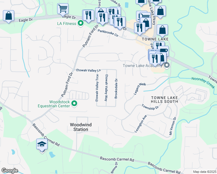 map of restaurants, bars, coffee shops, grocery stores, and more near 419 Etowah Valley Way in Woodstock