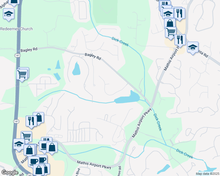 map of restaurants, bars, coffee shops, grocery stores, and more near 2850 Brandy Lane in Cumming