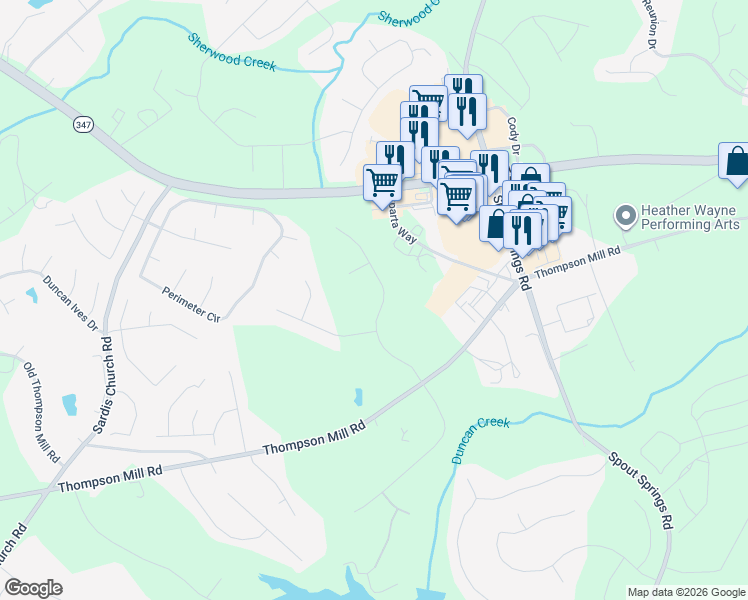 map of restaurants, bars, coffee shops, grocery stores, and more near 2659 White Rock Drive in Buford