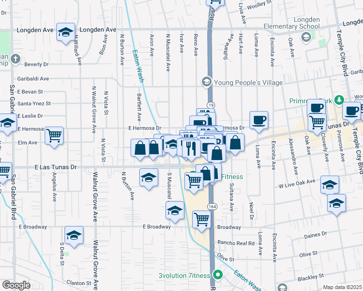 map of restaurants, bars, coffee shops, grocery stores, and more near 8849 Elm Avenue in Temple City