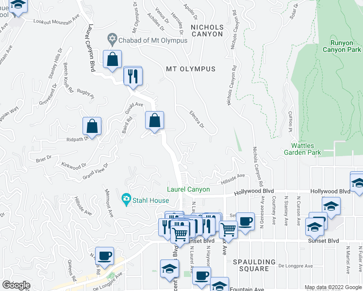 map of restaurants, bars, coffee shops, grocery stores, and more near 8030 Highland Trail in Los Angeles