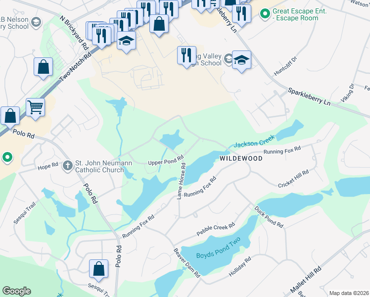 map of restaurants, bars, coffee shops, grocery stores, and more near 55 Upper Pond Road in Columbia