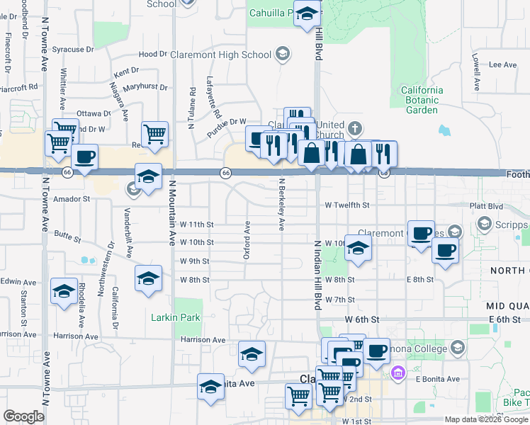 map of restaurants, bars, coffee shops, grocery stores, and more near 542 West 12th Street in Claremont