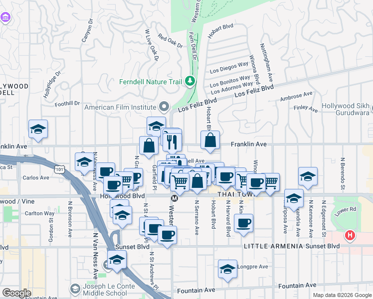 map of restaurants, bars, coffee shops, grocery stores, and more near 1900 North Oxford Avenue in Los Angeles