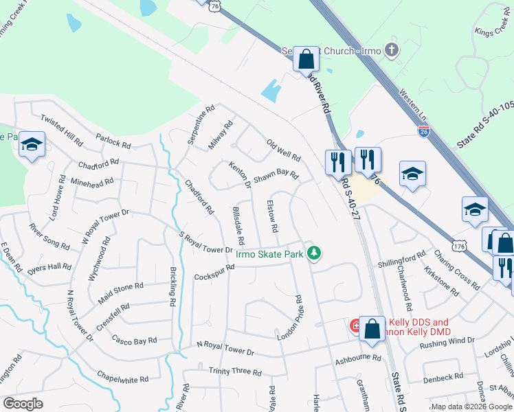 map of restaurants, bars, coffee shops, grocery stores, and more near 140 Kenton Drive in Irmo
