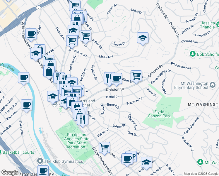 map of restaurants, bars, coffee shops, grocery stores, and more near 2117 West Avenue 33 in Los Angeles