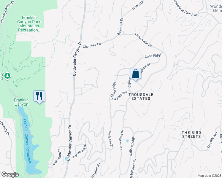 map of restaurants, bars, coffee shops, grocery stores, and more near 1650 Carla Ridge in Beverly Hills