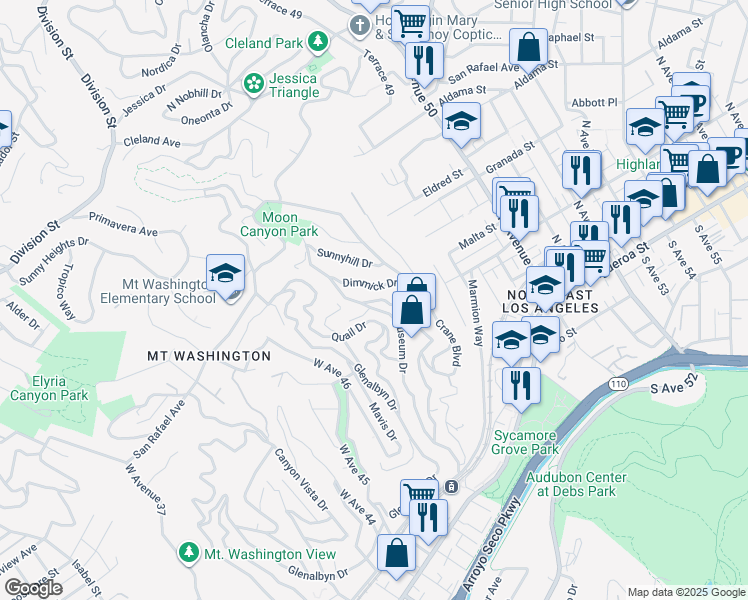 map of restaurants, bars, coffee shops, grocery stores, and more near 532 Rustic Drive in Los Angeles