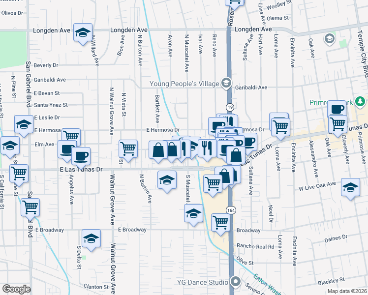 map of restaurants, bars, coffee shops, grocery stores, and more near in Temple City