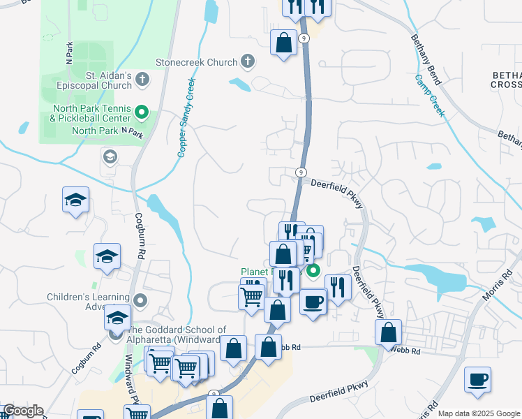 map of restaurants, bars, coffee shops, grocery stores, and more near 13348 Marrywood Court in Alpharetta