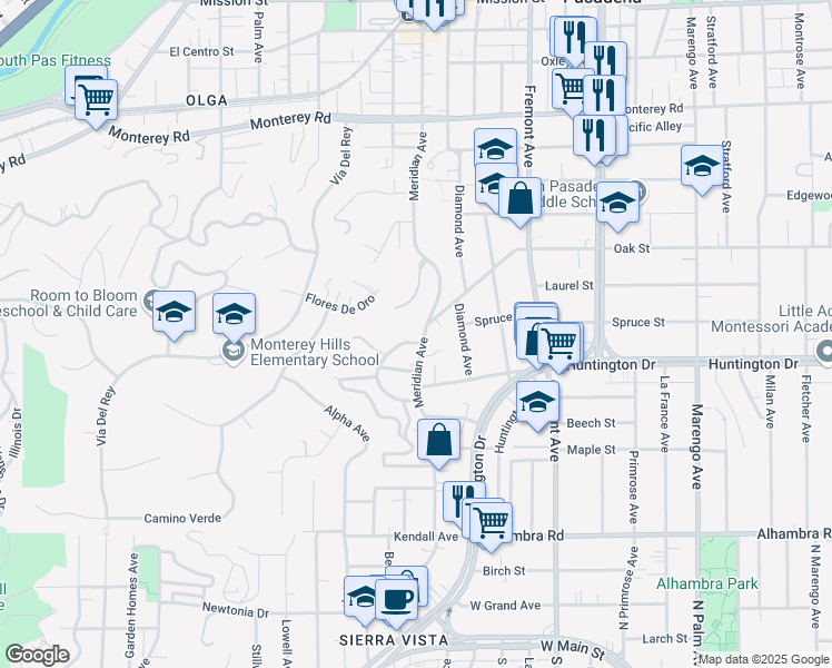map of restaurants, bars, coffee shops, grocery stores, and more near 1707 Meridian Avenue in South Pasadena