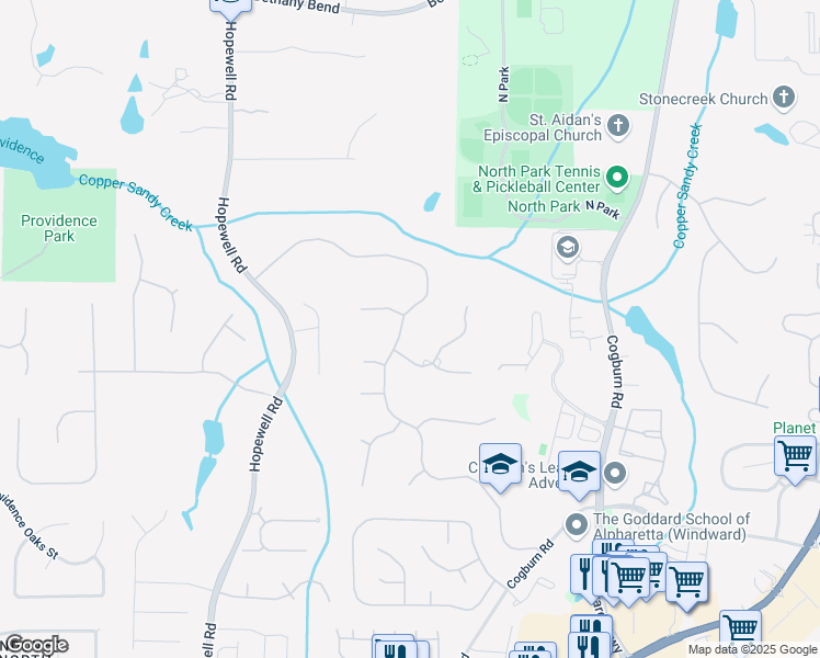 map of restaurants, bars, coffee shops, grocery stores, and more near 2470 Hopewell Plantation Drive in Alpharetta