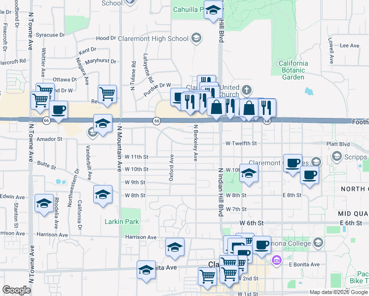 map of restaurants, bars, coffee shops, grocery stores, and more near 542 West 12th Street in Claremont