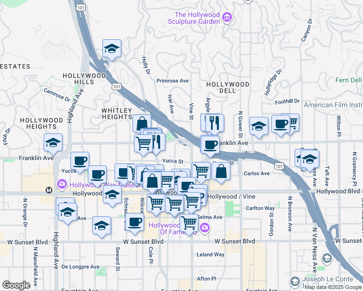 map of restaurants, bars, coffee shops, grocery stores, and more near 6326 Franklin Avenue in Los Angeles