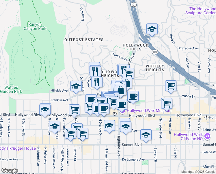 map of restaurants, bars, coffee shops, grocery stores, and more near 1905 North Orchid Avenue in Los Angeles