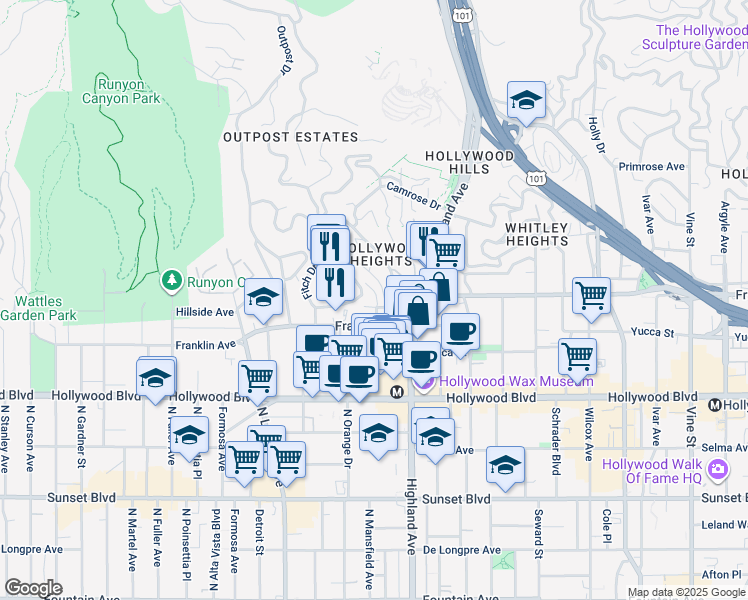 map of restaurants, bars, coffee shops, grocery stores, and more near 1905 North Orchid Avenue in Los Angeles