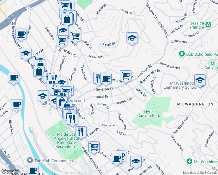 map of restaurants, bars, coffee shops, grocery stores, and more near 3341 Division Street in Los Angeles