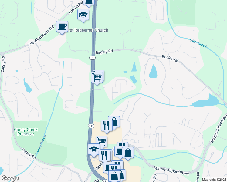 map of restaurants, bars, coffee shops, grocery stores, and more near 2505 Thackery Court in Cumming