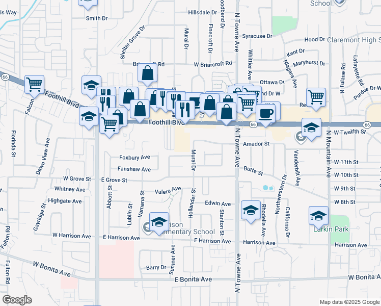 map of restaurants, bars, coffee shops, grocery stores, and more near 3333 Mural Drive in Pomona