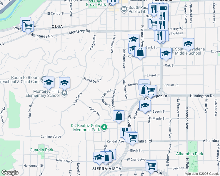 map of restaurants, bars, coffee shops, grocery stores, and more near 1714 Gillette Crescent in South Pasadena